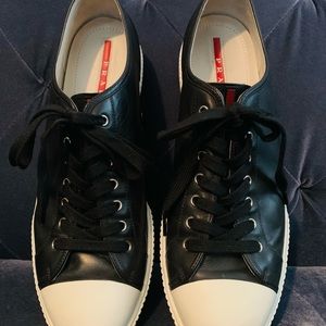 Men’s Prada Black Leather,White Cap Toe, Low Tops, US Size 13